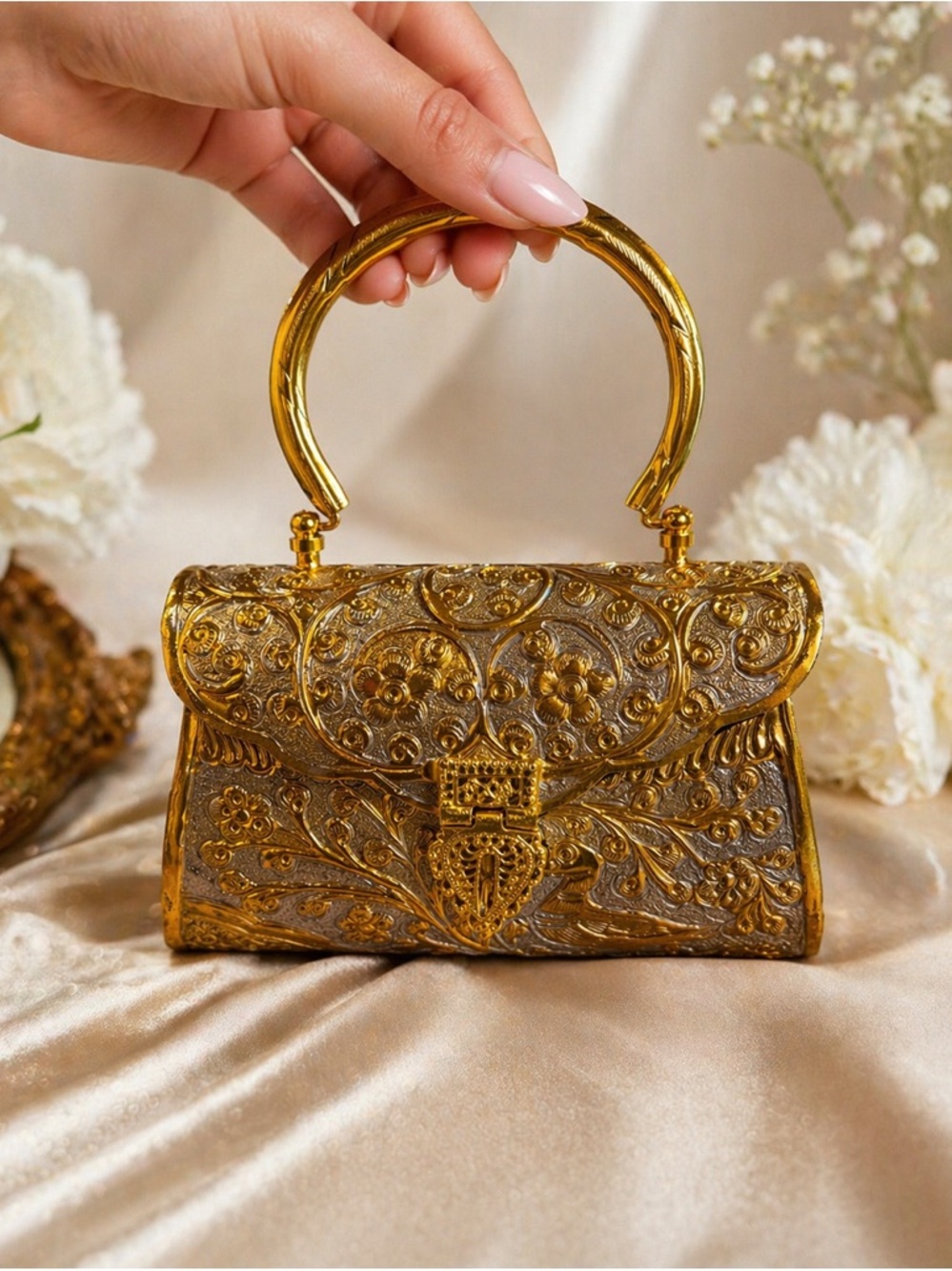 Gold Ornate Top-Handle Evening Bag